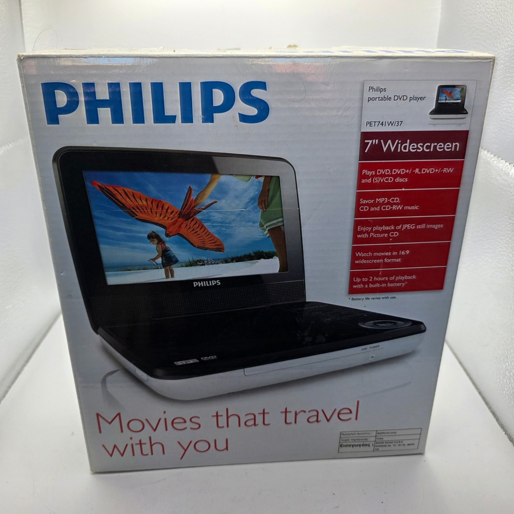 Philips PET741W/37 7" Portable DVD Player White Tested Working Box Accessories
